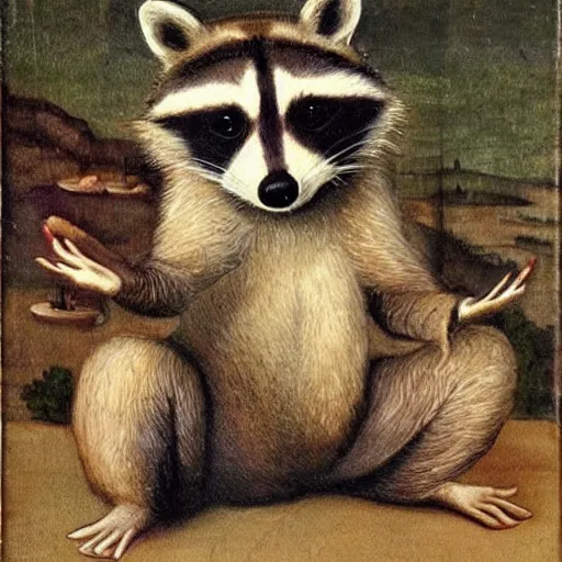 Image similar to a painting of a raccoon doing yoga in renaissance art style