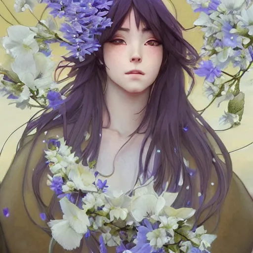 Image similar to a portrait of a spirit fox looking up as flower petals flow gently as a breeze blows them from left to right on a cloudy day with blue skies, art by artgerm and greg rutkowski and magali villeneuve and alphonse mucha and rossdraws and makoto shinkai, d & d, fantasy, highly detailed, digital painting, trending on artstation