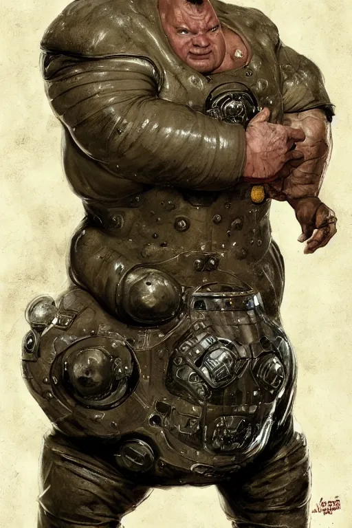 Image similar to upper body portrait of hulking dave bautista as baron harkonnen, wearing old leather spacesuit, dystopian science fiction, dark, horror, illustration by norman rockwell, hans baluschek, artstation character art, john william waterhouse, concept art, greg rutkowski