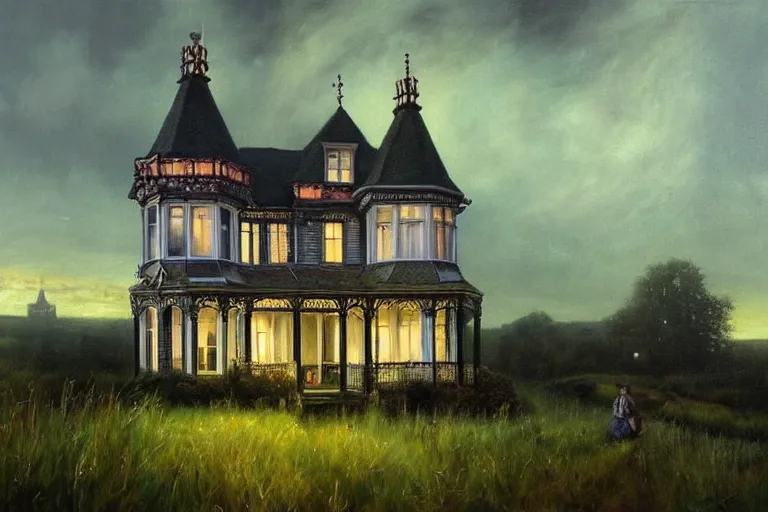 Image similar to a beautiful hyperrealistic painting of a british victorian house with a tower at night, very detailed by andrea kowch and samuel and joseph newsom