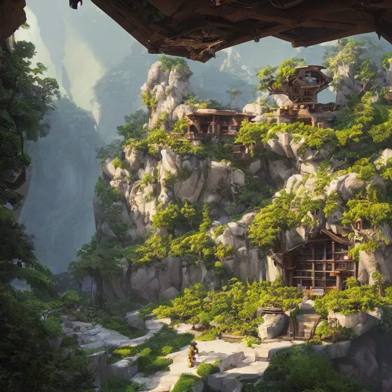 Image similar to secret overwatch living quarters carved inside a mountain surrounding a lush garden, trimmed, magical, natural light, cozy, fantasy, minimalist architecture, sharp focus, concept art, by greg rutkowski and craig mullins,, octane render 8 k