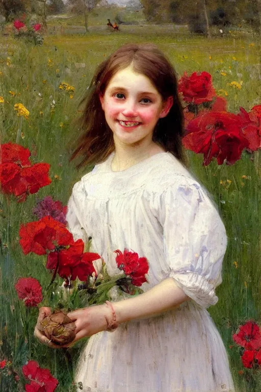 Image similar to Solomon Joseph Solomon and Richard Schmid and Jeremy Lipking victorian genre painting portrait painting of a smiling young village girl in an open field of flowers, red background