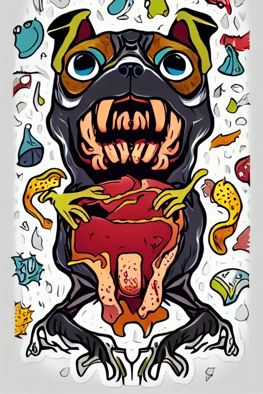 Image similar to demon pug eating flesh. art by samantha mash, sticker, colorful, illustration, highly detailed, simple, smooth and clean vector curves, no jagged lines, vector art, smooth