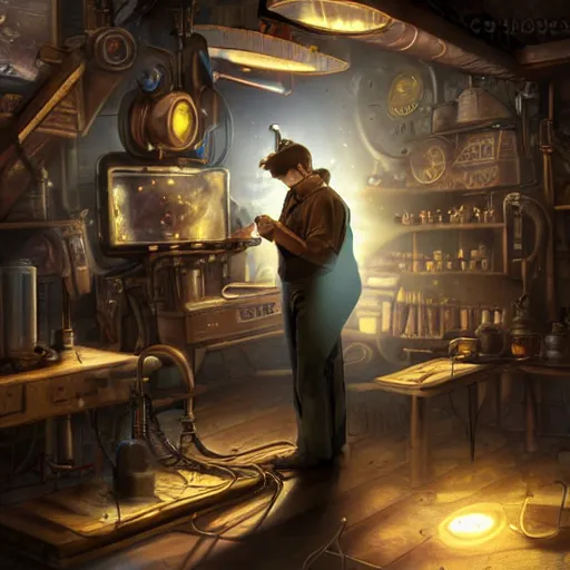 Image similar to an artificer working in his steampunk workshop, light rays, scifi