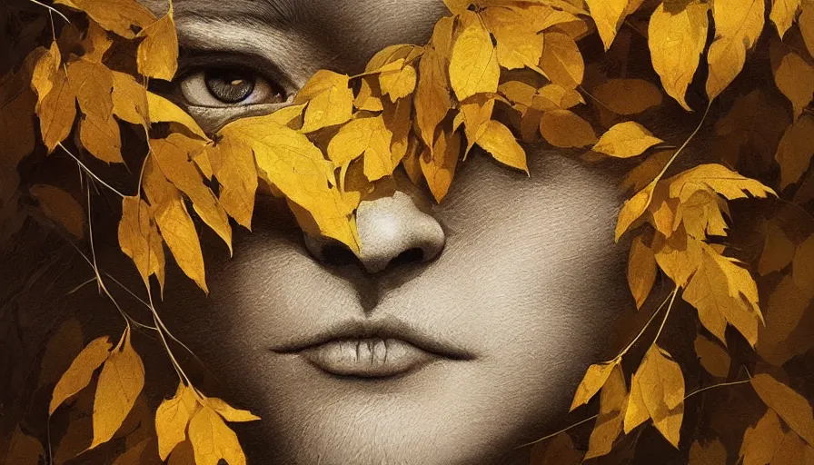 Image similar to golden leaves at frame border, creative!!! composition for a book cover!!!, absurdly beautiful, ultrafine hyperrealistic detailed animal face by wlop and artgerm and greg rutkowski, intricate linework, sharp focus, smooth, octopath traveler, final fantasy, unreal engine, dramatic lighting, ethereal, 8 k