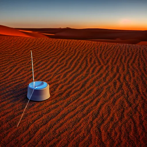 Prompt: ruggedized sensor antenna for monitoring the australian desert, XF IQ4, 150MP, 50mm, F1.4, ISO 200, 1/160s, dawn