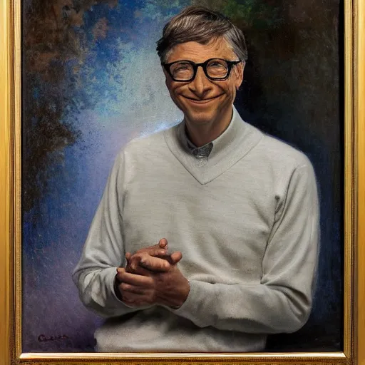 Image similar to Bill Gates with an shredded, toned, inverted triangle body type, painting by Gaston Bussiere, Craig Mullins, XF IQ4, 150MP, 50mm, F1.4, ISO 200, 1/160s, natural light