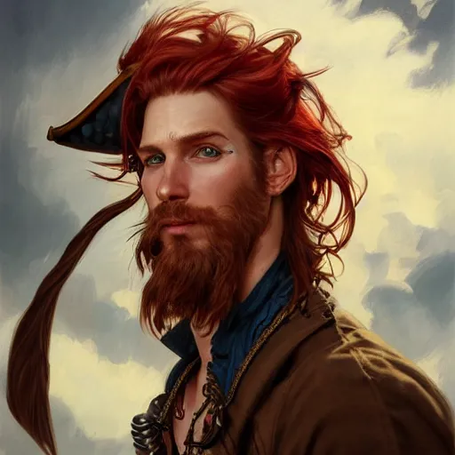 Prompt: rugged playful pirate, 3 0 years old, male, handsome, masculine, red hair, long hair, soft hair, fantasy, intricate, elegant, highly detailed, steampunk, airship, digital painting, artstation, concept art, character art, smooth, sharp focus, illustration, art by artgerm and greg rutkowski and alphonse mucha