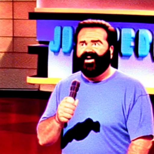 Prompt: Billy Mays hosting Jeopardy, VHS tape footage, 1991, the set of Jeopardy, The game shoe Jeopardy!!