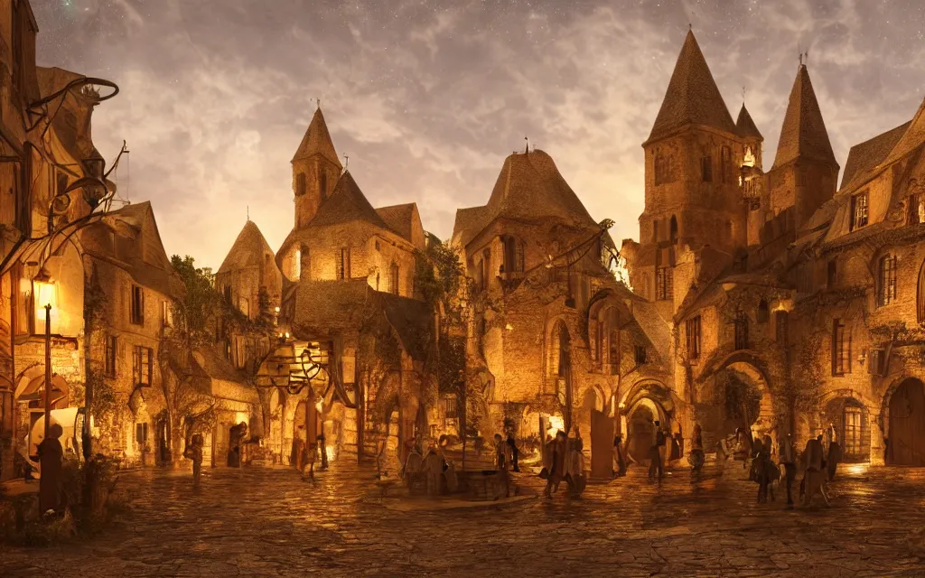 Image similar to at the square of a medieval french village, with a spaceship hovering, a well in the center, arches, orange light, highly detailed, cinematic lighting, render, fantasy