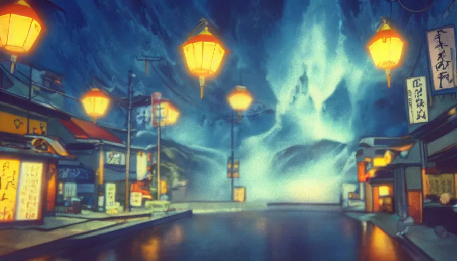 Image similar to A film still from a 1990s Sailor Moon cartoon featuring a moody street in Japan with a waterfall and lanterns, lofi aesthetic, golden hour, cinematic look, film grain, high detail, high resolution, 8k