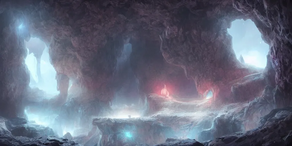 Prompt: beautiful matte painting of a cave with glowing crystals on the walls and bone piles on the floor, fantasy, sharp focus, artstation