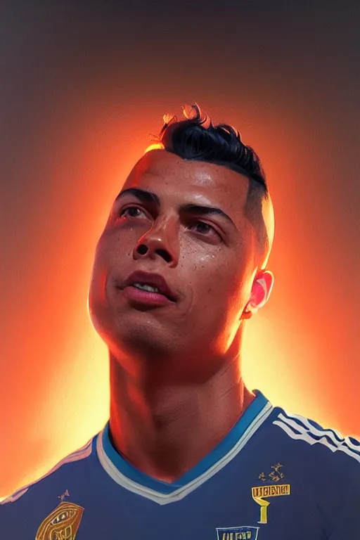 Image similar to ronaldo luis nazario da lima, football player, orange light, haze, low contrast, digital painting, artstation, concept art, smooth, sharp focus, illustration, art by artgerm and greg rutkowski and alphonse mucha