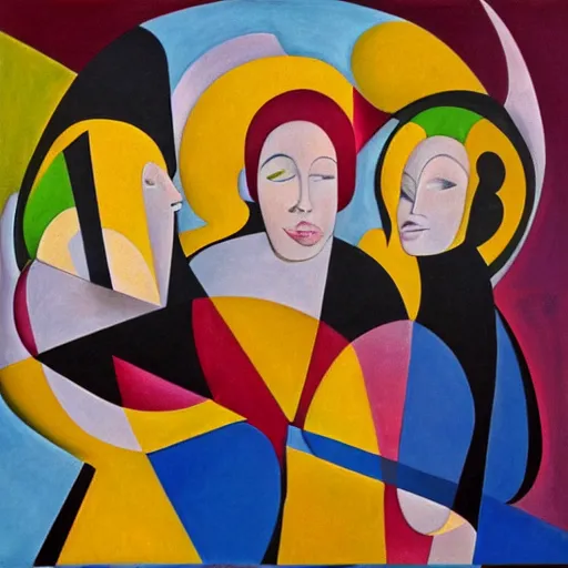 Prompt: woman woman and her sisters bake bread and greet the day at sunrise, abstract art in the style of cubism and georgia o'keefe