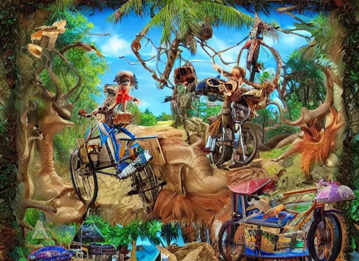 Image similar to 🏝⛺🚲👨🏼🦱, lowbrow, 3 - d highly detailed, in the style of, anne stokes, abney park,