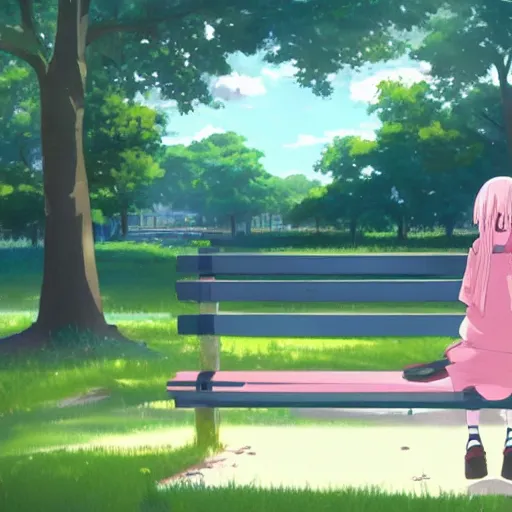 Image similar to a girl with pink hair in a school uniform sitting on a bench in a park, beautiful, perfect art, makoto shinkai