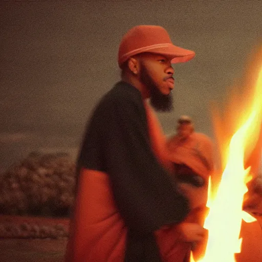 Image similar to cinematic film still of Tory Lanez starring as a Samurai holding fire, Japanese CGI, VFX, 2003, 400mm lens, f1.8, shallow depth of field,film photography