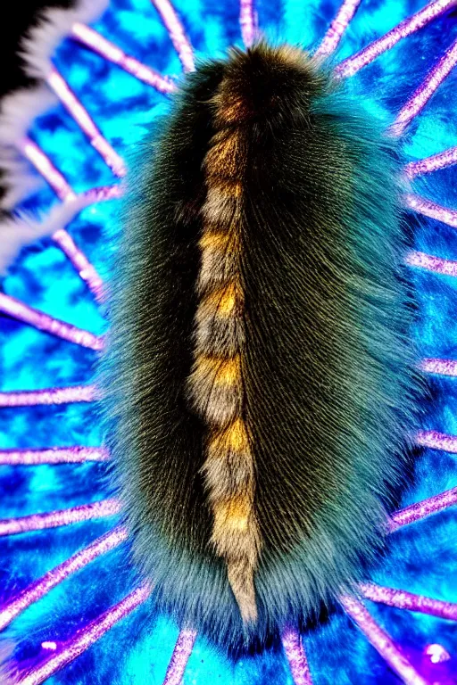 Prompt: high quality macro photo silky iridescent furry moth! jewelled gorgeous! highly detailed david ligare elson peter cinematic blue neon lighting high quality low angle hd 8k sharp shallow depth of field