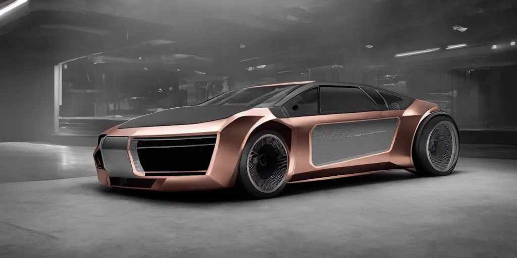 Image similar to a design of a futuristic DMC Delorian, designed by Polestar, blade runner background, front and back view, antique copper car paint with white pin-line accent detailing, black windows, sportscar, dark show room, dramatic lighting, hyper realistic render, depth of field