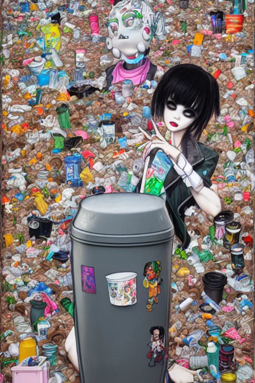 Image similar to full view, from a distance, of anthropomorphic trashcan full of trash, style of yoshii chie and hikari shimoda and martine johanna, highly detailed