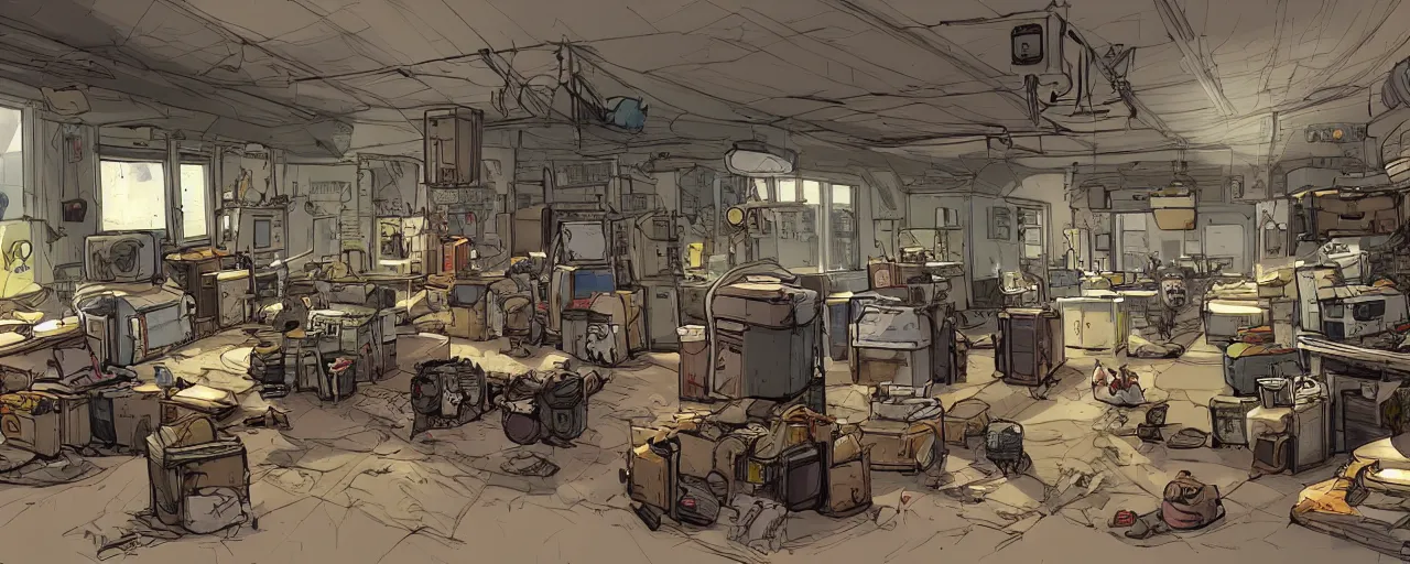 Prompt: wide angle of a cat field clinic, concept art out of the game borderlands, highly detailed