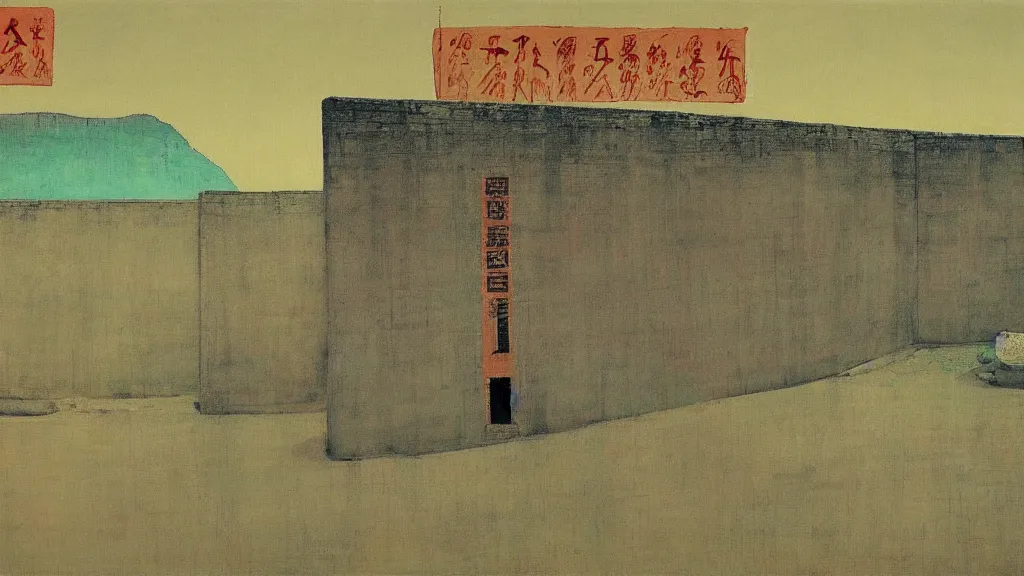 Image similar to a chinese prison near a river by peter doig, muted colors