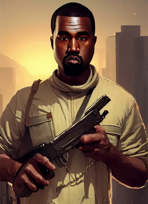 Image similar to highly detailed portrait kanye holding ak 4 7 in gta v stephen bliss unreal engine fantasy art by greg rutkowski loish rhads ferdinand knab makoto shinkai lois van baarle ilya kuvshinov rossdraws tom bagshaw global illumination radiant light detailed intricate environment