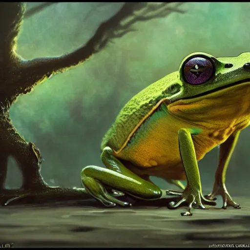 Image similar to long shot of a froggy alien, by esao andrews, by m. w. kaluta, by james web telescope, by ridley scott, ultra humorous beautiful oil painting, cinematic space scenery, small depth of field, depth perception, volumetric light, rich colors, 3 d octane render, 8 k, conceptart, hyperdetailed, hyperrealistic, trending on artstation