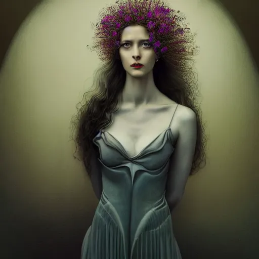 Image similar to portrait of a young attractive nerdy woman in flowing sensual dress, arrogant, long fine flowing hair, delicate, looking at camera, slightly awkward smile, realistic face, realistic hands, stylish, elegant, grimdark fantasy, flowers, extremely detailed painting inspired by Gerald Brom and Ernst Haeckel and Monia Merlo, studio lighting