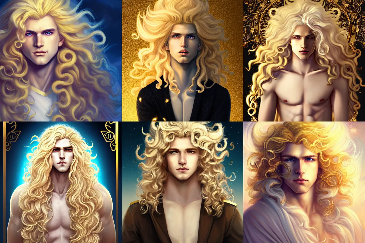 Prompt: the beautiful androgynous young blond male sun god apollo, very very long fluffy curly blond hair, baroque curls, extremely curly hair, glowing eyes, pale white skin, 1 5 0 4, by sakimichan and rossdraws, 4 k digital painting, black and gold art deco background, artstation cgsociety