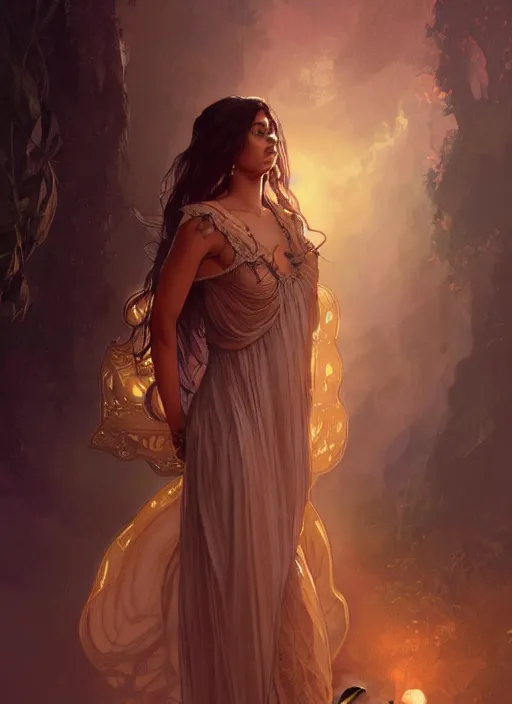 Image similar to cute brown woman wearing a transparent night gown, fantasy, intricate, highly detailed, digital painting, artstation, concept art, wallpaper, smooth, sharp focus, illustration, art by artgerm and greg rutkowski and alphonse mucha