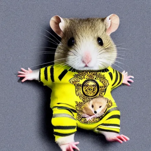Prompt: a hamster wearing versace. model photography