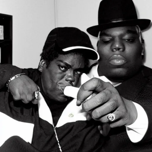 Prompt: a photograph of michael jackson and biggie smoking a joint together