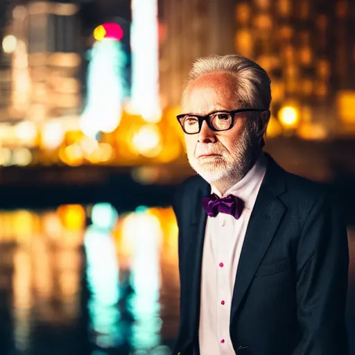 Prompt: a still of Wolf Blitzer . Shallow depth of field. City at night in background, lights, colors ,studio lighting, mood, 4K. Profession photography