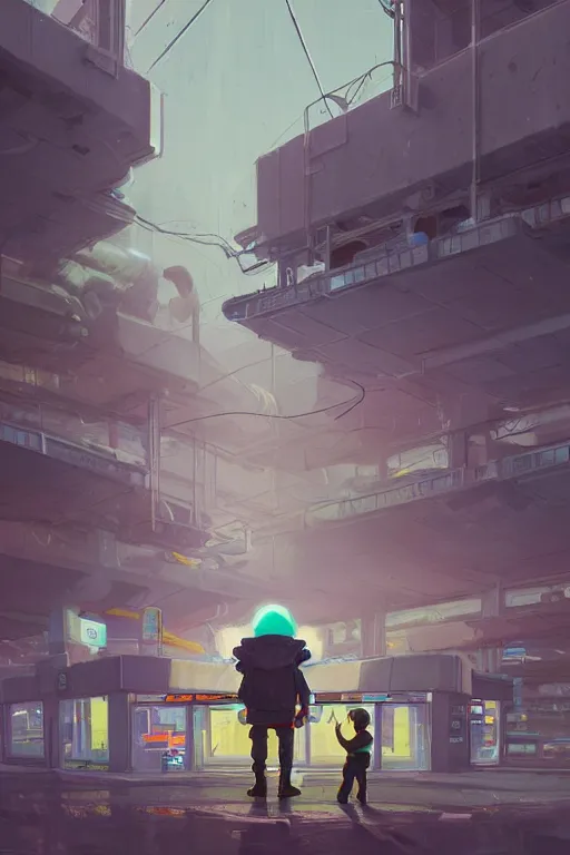 Image similar to mech at supermarket trying to find milk to his son, highly detailed, scifi, fantasy, highly detailed, digital painting, trending on artstation, concept art, sharp focus, illustration, global illumination, shaded, art by simon stalenhag