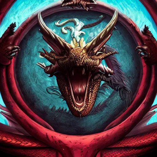 Image similar to Portrait of the Dragon Ouroboros in the style of Farcry cover, angry look, highly detailed, digital painting, Trending on artstation , HD quality, dramatic light, octane