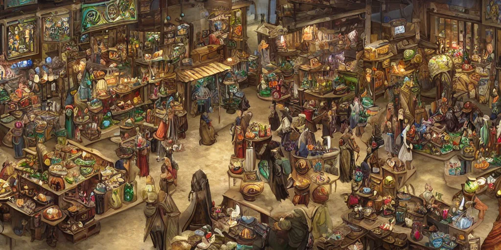 Prompt: an image of a bustling elven marketplace in the genre of dungeons and dragons