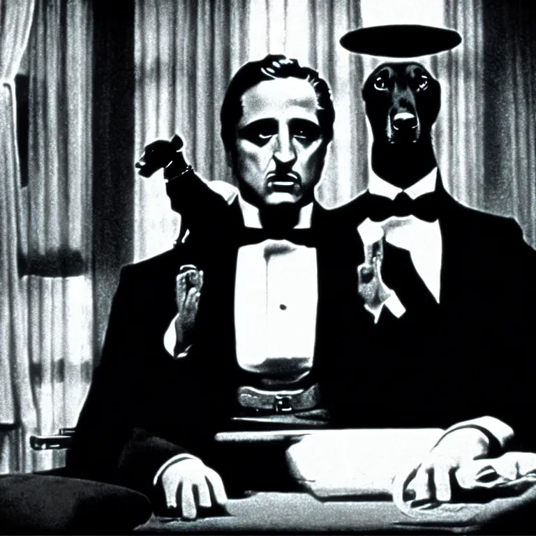 Image similar to cinematic scene screen cap from the godfather with an anthropomorphic dog in a suit