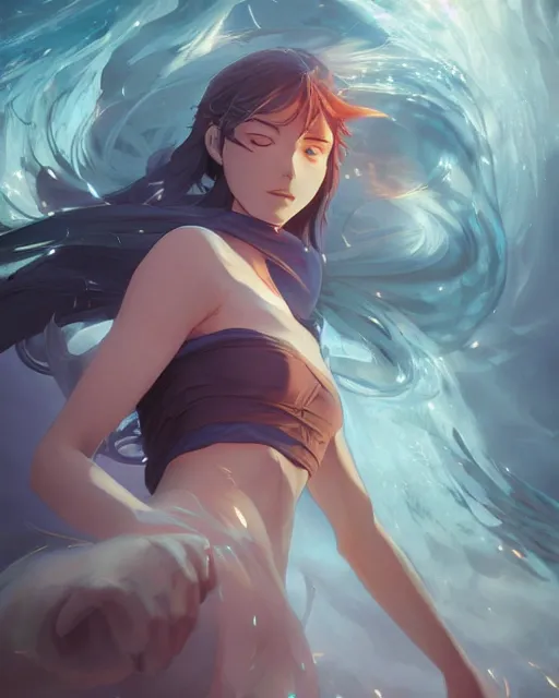 Prompt: goddess creating a tsunami, ambient lighting, detailed face, full body shading, by makoto shinkai, stanley artgerm lau, wlop, rossdraws