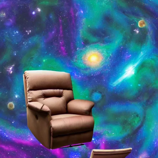 Prompt: a person floating out of their recliner chair, dramatic galaxy background scene, stars planets suns