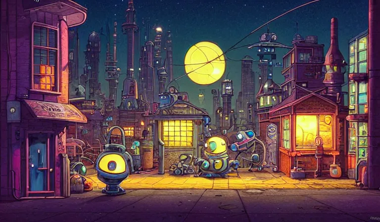 Image similar to fantasycore street view of 1950s machinarium cityscape at night by michael whelan and naomi okubo and dan mumford. cute 1950s robots. cel-shaded. glossy painting.