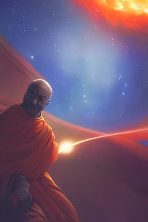 Image similar to portrait of a monk in a spaceship, looking at a nebula, orange robe, dramatic lighting, artstation, matte painting, ralph mcquarrie