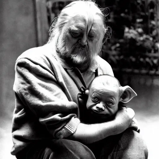 Image similar to robert wyatt cradling a goblin like a baby, photograph