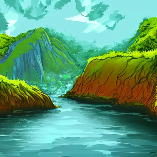 Image similar to digital painting of a lush natural scene on an alien planet by vincent. beautiful landscape. weird vegetation. cliffs and water. featured on deviantart.