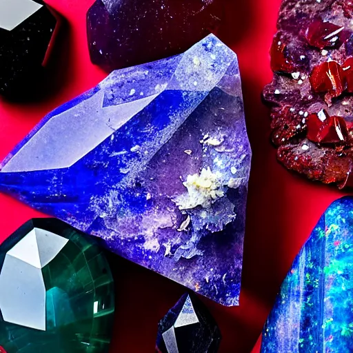 Prompt: a mineral rock, in a dark studio room. Photography of rare minerals. Tanzanite, Red Beryl, Bixbite, Red Emerald, Scarlet Emerald, Opal, Quartz, Elbaite, Calcite, Kunzite. in the style of artgerm.