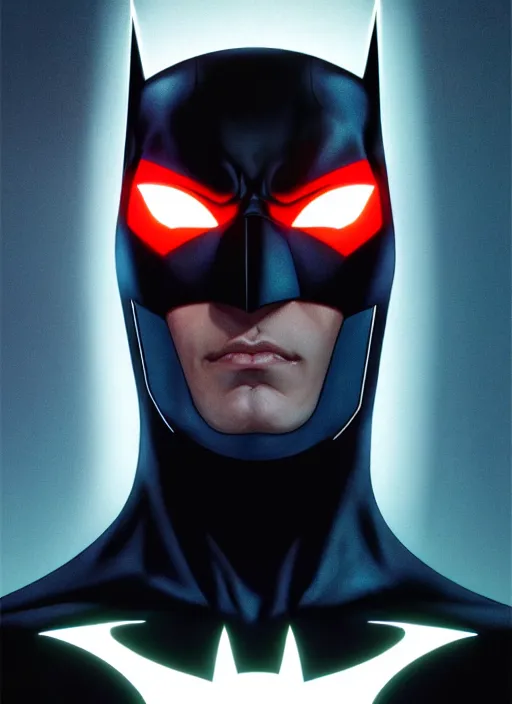 Image similar to symmetry!! portrait of batman beyond, 1 9 9 9 tv series, skinny, sci - fi, tech wear, glowing lights!! intricate, elegant, highly detailed, digital painting, artstation, concept art, smooth, sharp focus, illustration, art by artgerm and greg rutkowski and alphonse mucha