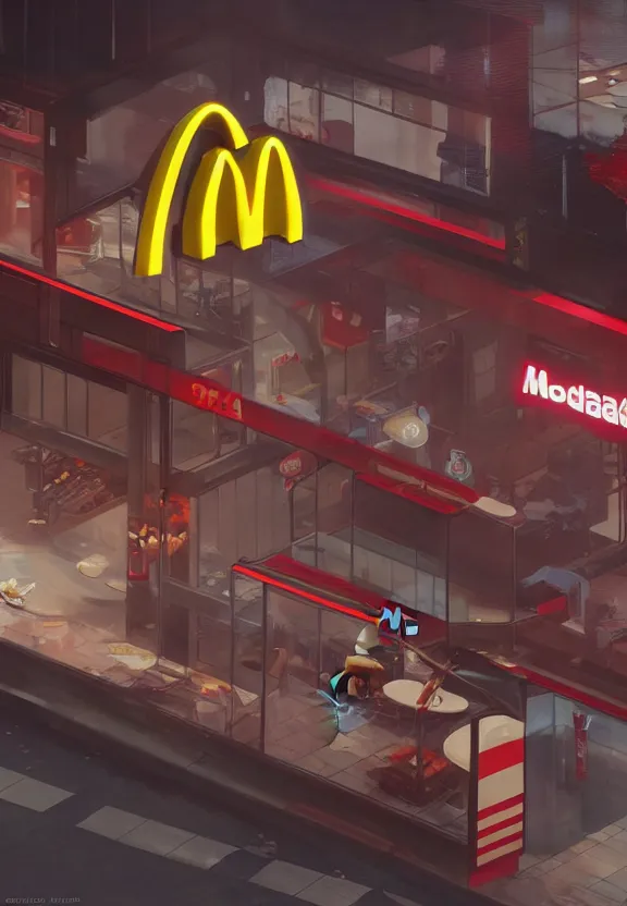 Prompt: a portrait of a streamlined mcdonalds - themed robot crashing into a mcdonalds restaurant, by greg rutkowski, sung choi, mitchell mohrhauser, maciej kuciara, johnson ting, maxim verehin, peter konig, bloodborne, 8 k photorealistic, cinematic lighting, hd, high details, dramatic, trending on artstation