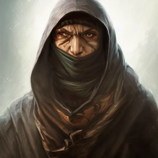 Image similar to portrait, mysterious rogue wearing a cloak, covered face, rpg game, stern expression, main character, detailed, digital painting, artstation, sharp focus, illustration, artgerm, tomasz alen kopera, peter mohrbacher, donato giancola, joseph christian leyendecker, wlop, frank frazetta