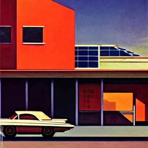 Image similar to a cinematic matte painting of a boxy 1 9 6 0 s retro - futurism sci - fi car with solar panels on roof and doors in a cluttered garage in mumbai. by edward hopper, glennray tutor and greg rutkowski. trending on artstation.