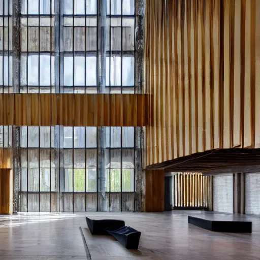 Prompt: a photo of a brutalist interior with high ceilings and big windows